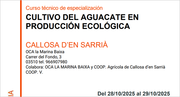 CULTIVO DEL AGUACATE EN PRODUCCIÓN ECOLÓGICA (Fecha: 28 y 29.10.2025)
